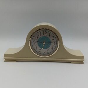 VTG Spartus Beige Mantle Clock #5228 Plastic USA WORKS 14x6.5" Retro MCM